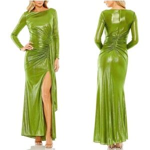 Women's Long Sleeve Gathered Waist Green Metallic Gown